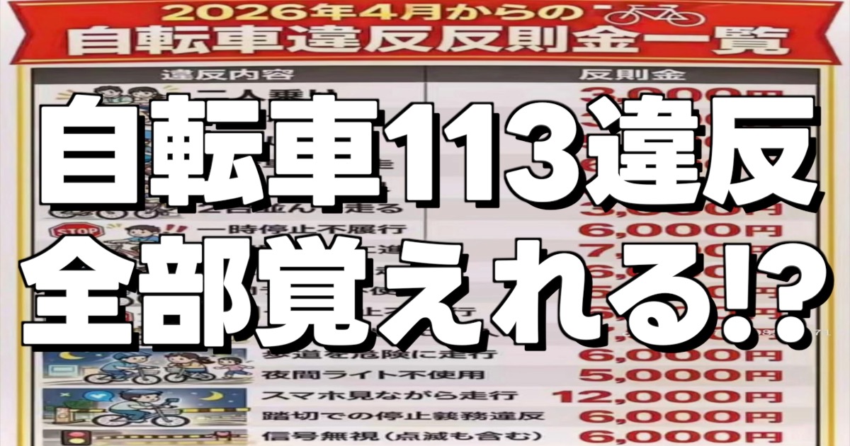 自転車113違反の文字と反則金一覧の画像です。