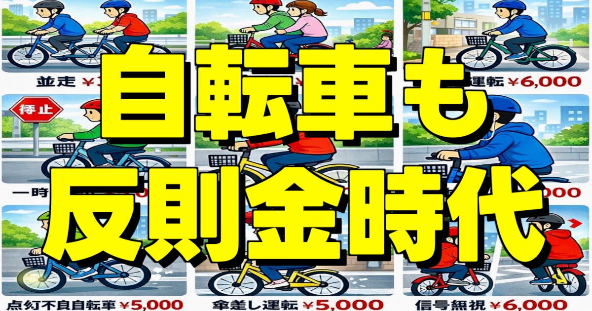 2026年4月から始まる自転車の青切符制度をイメージしたビジュアル。反則金や信号無視、ながらスマホなどの違反強化をわかりやすく示している。